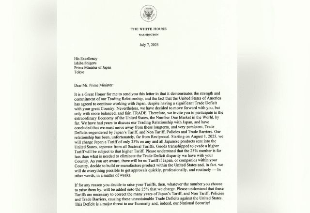 Donald Trump, envia carta ao primeiro-ministro do Japão impondo tarifas de 25% sobre produtos importados do país | Foto: Reprodução/Truth Social