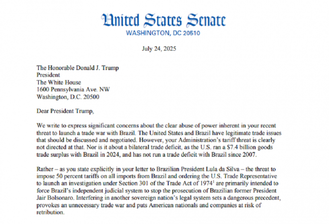 Trecho da carta escrita por senadores democratas e endereçada ao presidente Donald Trump
